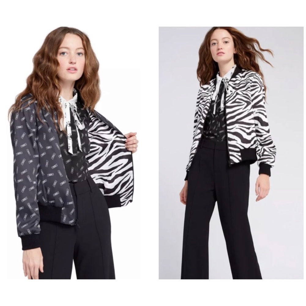NWT- Alice + Olivia Lonnie tiger/feminist print Reversible Bomber Jacket Size M